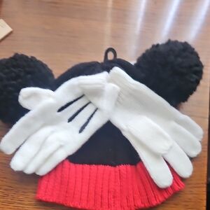 Toddler Black & Red Pom Pom Beanie with White Gloves